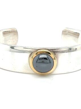 Vintage 1999 Tiffany & Co. Hematite Cabochon 925 & 18K Yellow Gold Wide Cuff